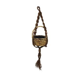 Vintage 60s 70s Macrame Plant Hanger Brown Wood Beads